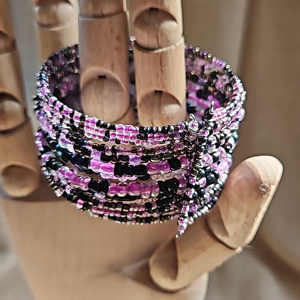 Whimsy Goth Beaded Cuff Bracelet Purple Black Pink - Picture 6 of 8